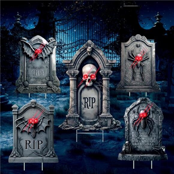 5 Pack Tombstone Halloween Decorations Plastic Yard Signs with Stakes, Graves - Picture 3 of 7